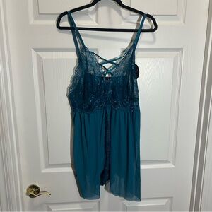 Teal Lace Chemise with Crisscross Detail